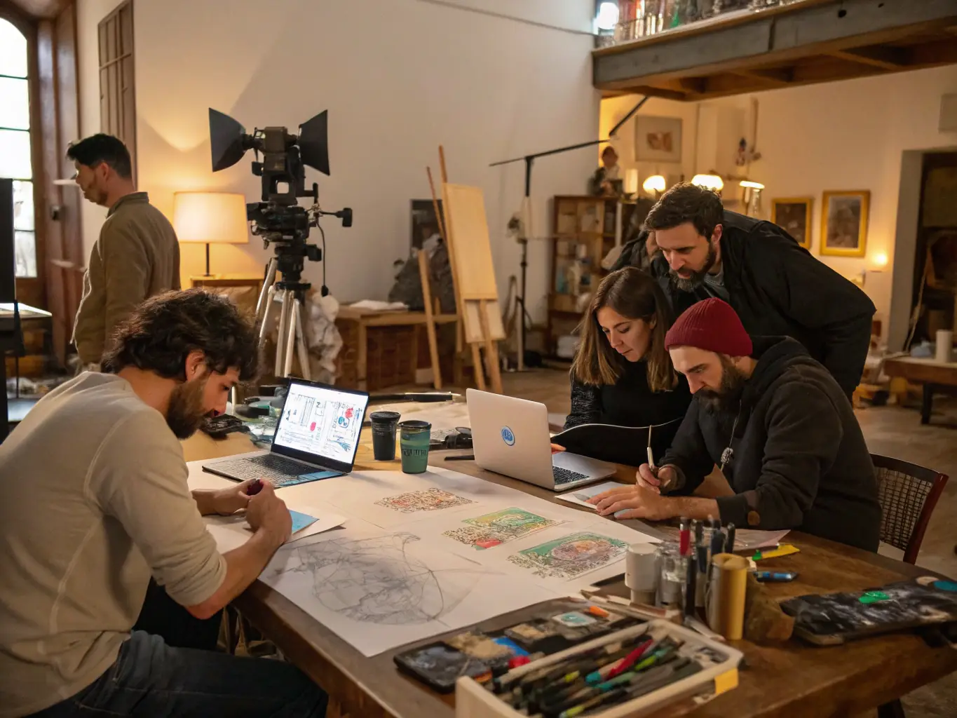 A group of young artists collaborating on a digital art project in a brightly lit studio, showcasing the collaborative and innovative spirit of LA BRUME's digital arts program.