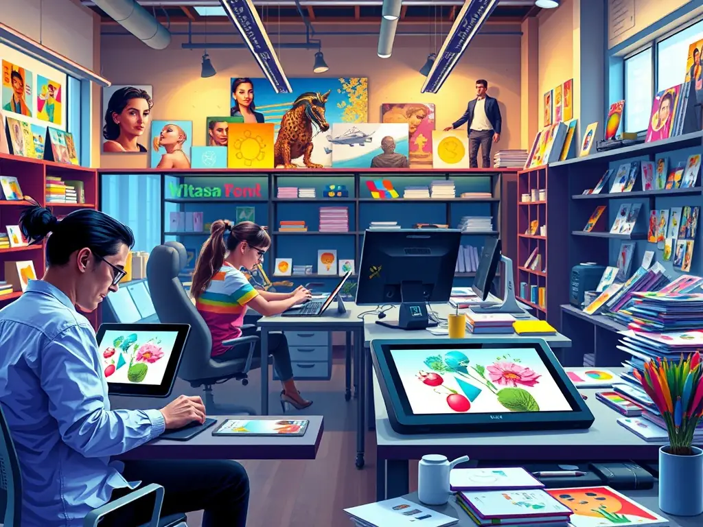 A dynamic image of young graphic designers working on digital art projects, highlighting the innovative and experimental nature of LA BRUME's graphic arts programs.