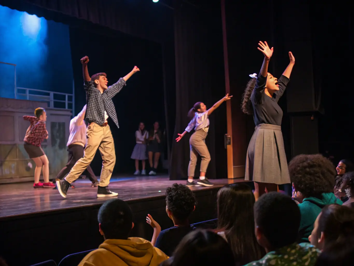 A scene from a theatrical performance, highlighting the energy and creativity of LA BRUME's performing arts program.