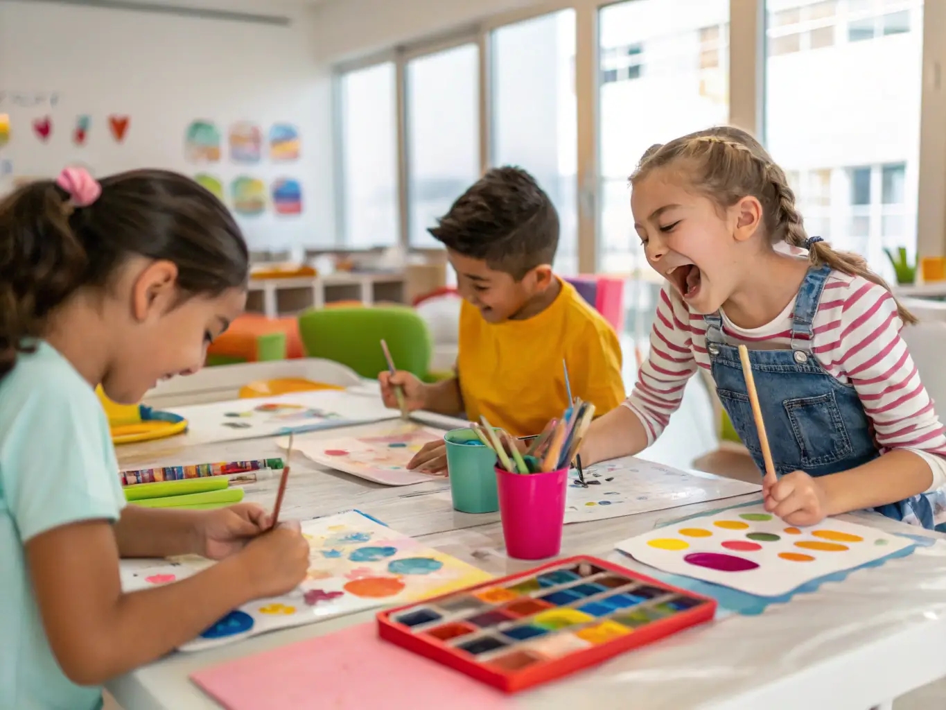 An inspiring image of young artists participating in a workshop, engaging with mentors and creating new works in a vibrant studio setting.